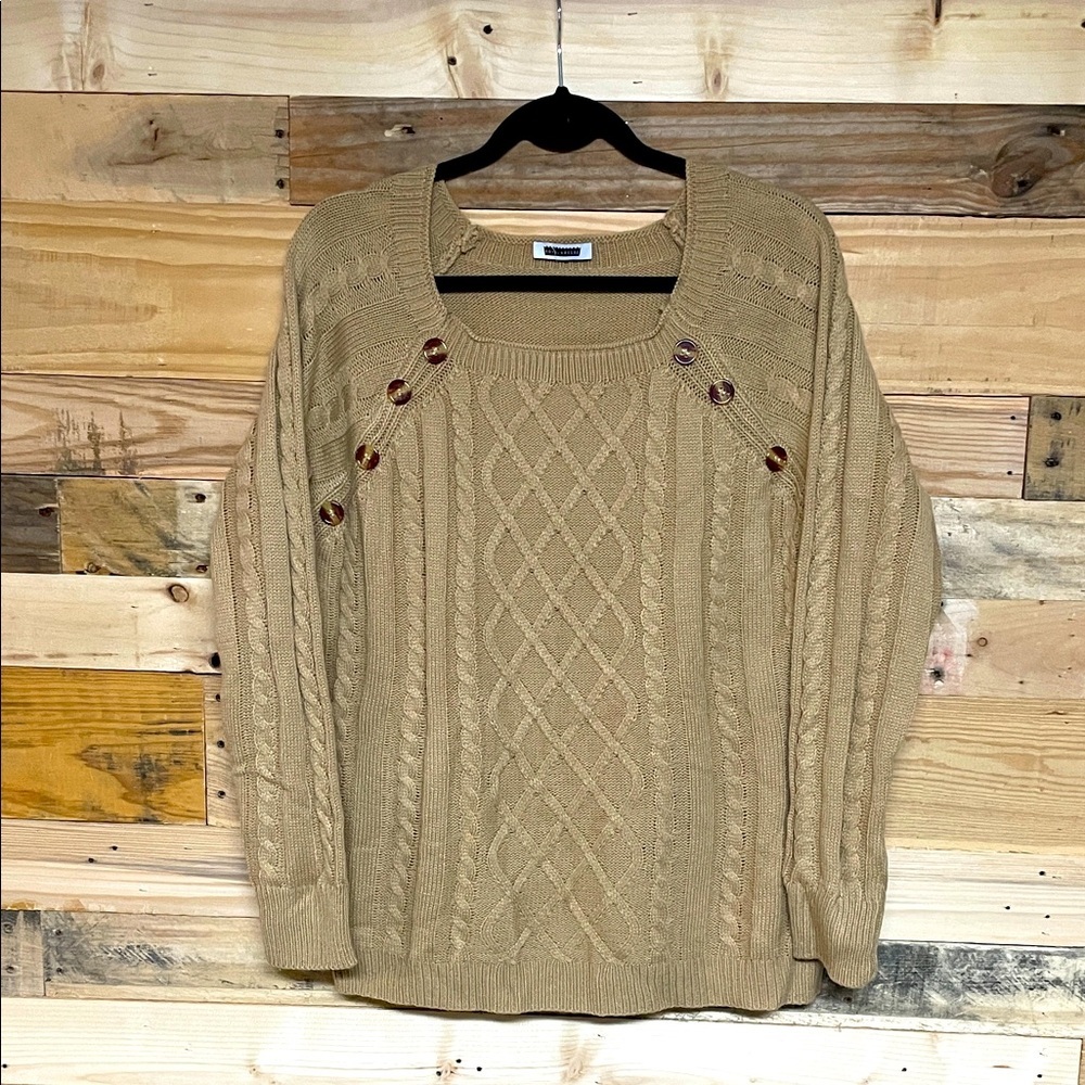 Royal + Reese size Large Tan Color Cable Knit Lightweight Soft Stretchy Sweater